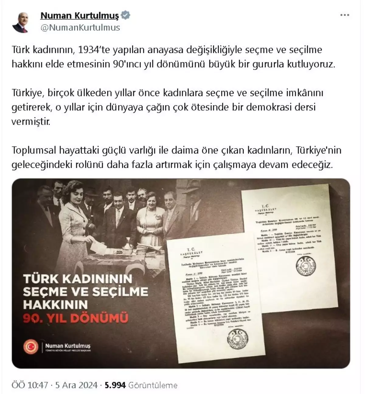 Türk Kadınlarına Seçme ve Seçilme Hakkı: 90. Yıl Kutlaması